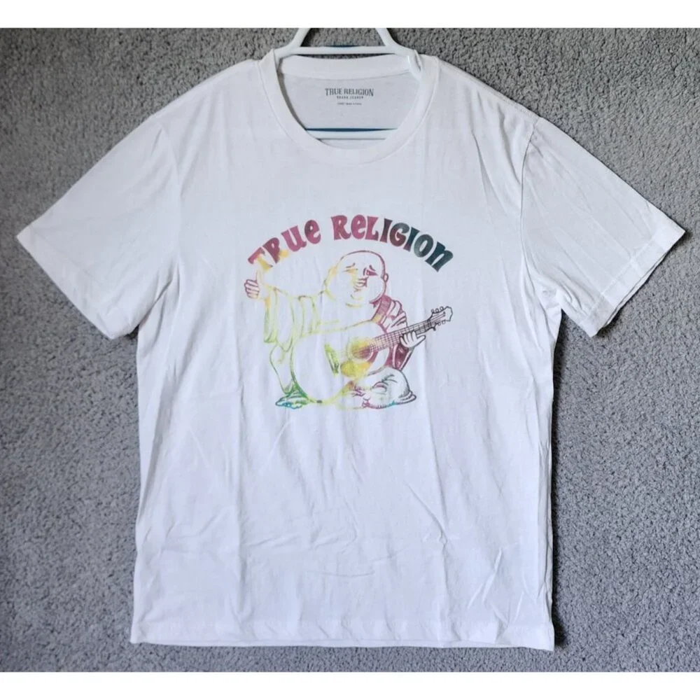 True Religion White Tie Dye Print Rainbow Buddha Logo Tee T Shirt Size Large